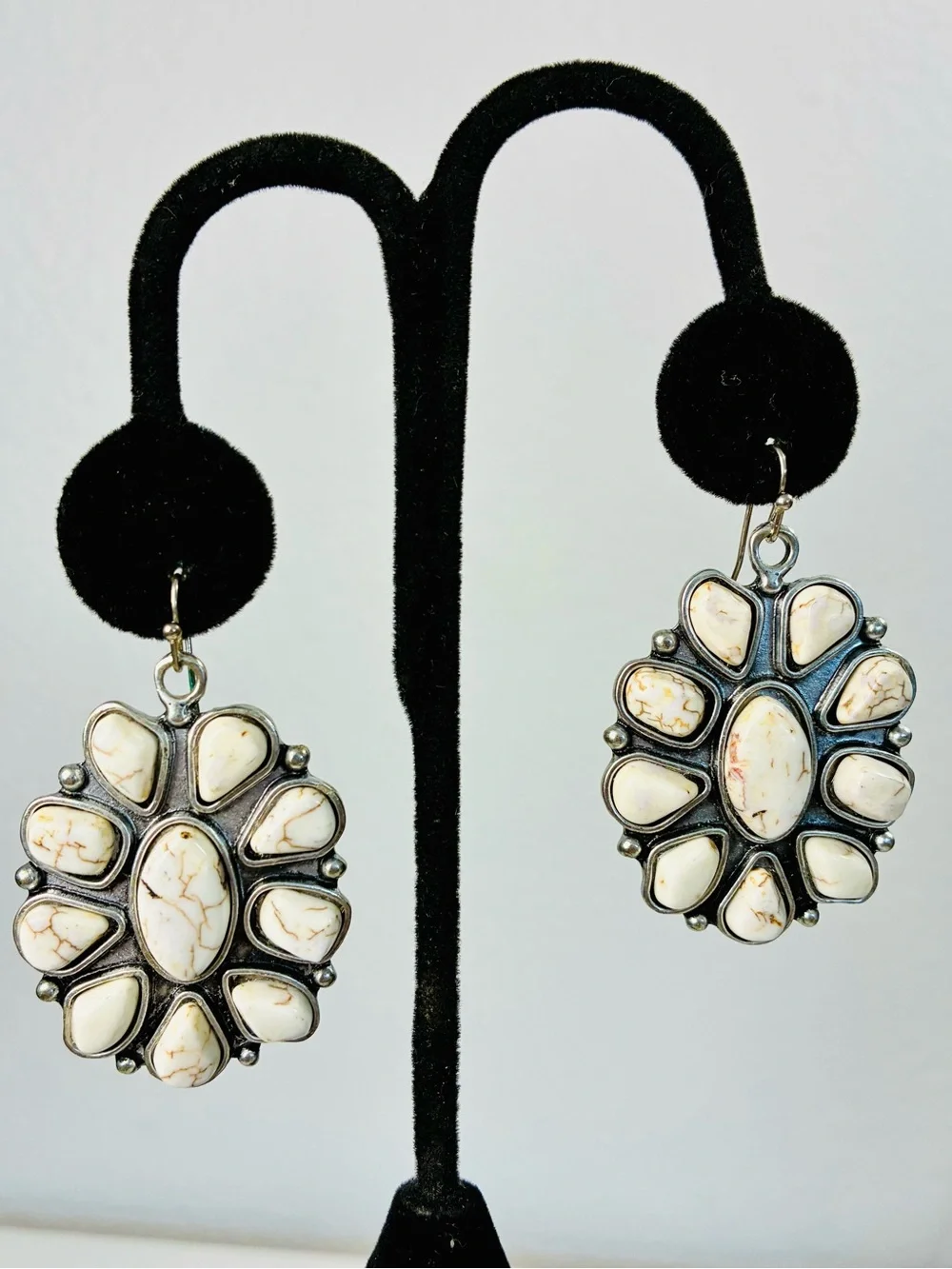 Southwestern Cream White Natural Gemstone Floral Cluster Drop Dangling Earrings